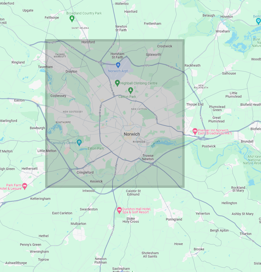 Screenshot of Google Maps showing a 6 mile radius circle around norwich